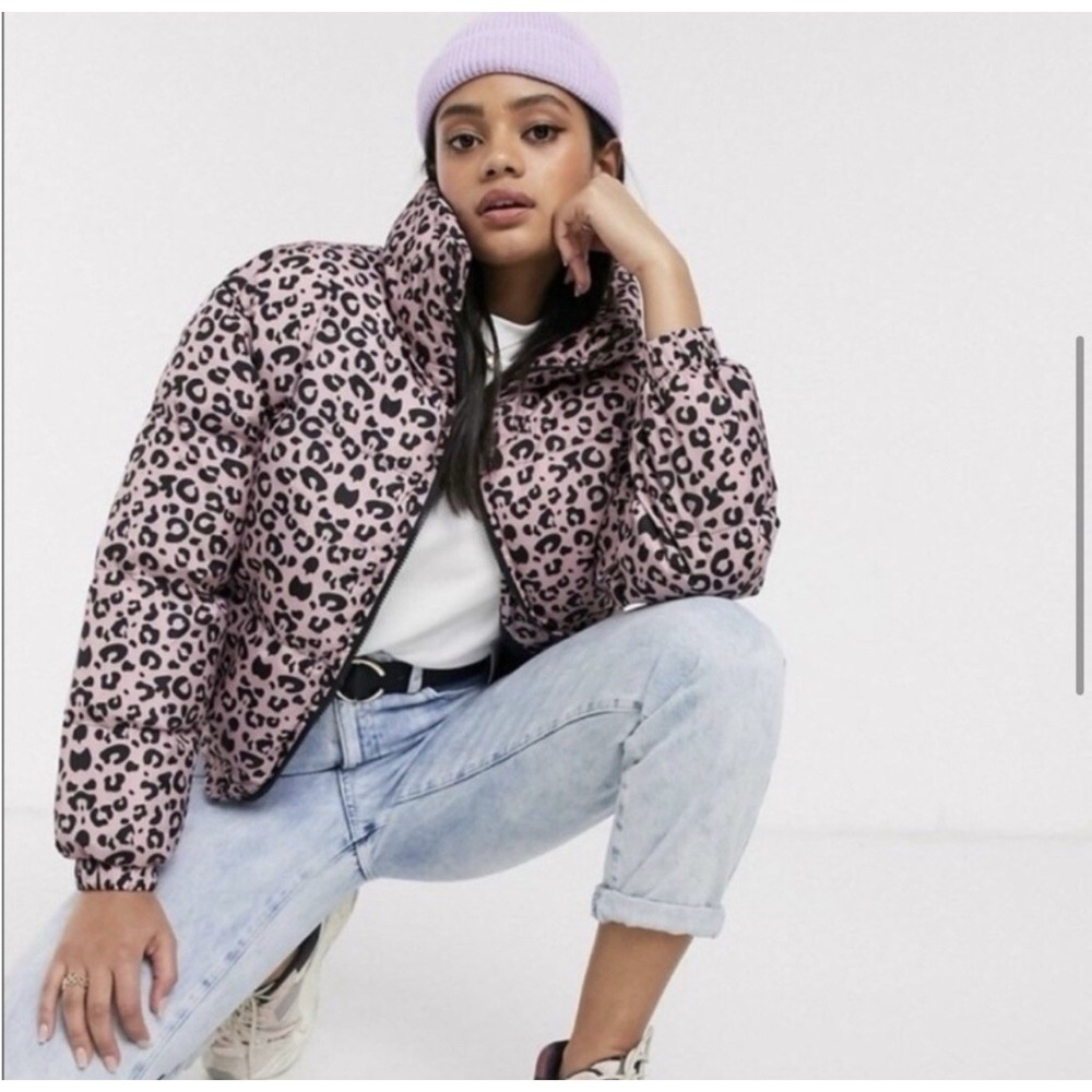 Brave Soul Pink Leopard Print Puffer Jacket Womens XS Cropped Funnel Neck Zip Up